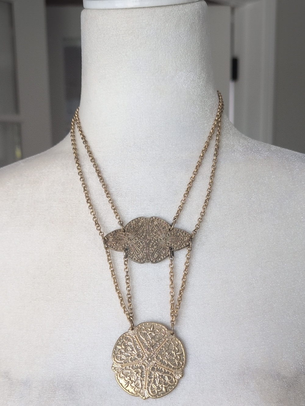 Vintage Gold Filigree Double Medallion Necklace